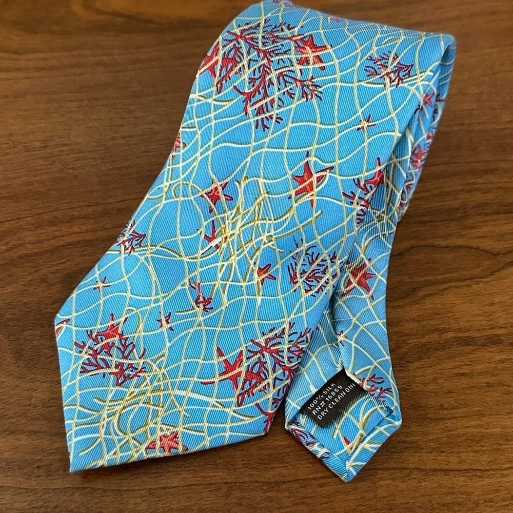 J.McLaughlin 100% Silk Coral Reef Tie - Ocean Blue Red Gold 61”